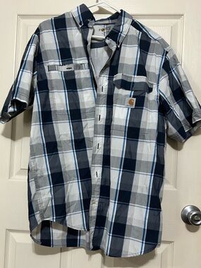 Carhartt Men's Short-Sleeve Plaid Button-Down Shirt - Navy, White & Gray